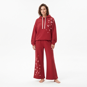 Ensemble de survêtement pour femme, sweat-shirt rouge à capuche, pantalon large à imprimé floral, tenue décontractée en 2 pièces - Product Image 1