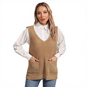 Pull sans manches pour femme, col en V, style coréen, fin, décontracté, tendance, doux, côtelé, automne-hiver, tricoté, avec poches - Product Image 2
