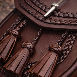 Handmade Brown Genuine Leather Scottish Kilt Braided Sporran With 3 Tassels Semi Dress Sporran with <b>Chain</b> <b>Belt</b> Strap - Product Image 5