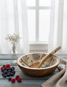 Bol à salade en bois émaillé artisanal avec ensemble de cuillères de service, motif floral imprimé, bol à fruits, vaisselle écologique pour la table - Product Image 6