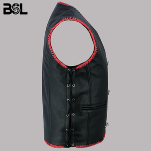 Chaleco de Cuero para Motociclista, Tendencia de Verano para Hombre |   Chaleco de Motocicleta Ecológico y Transpirable de Piel de Oveja Nappa con Cordones Laterales Rojos - Product Image 4