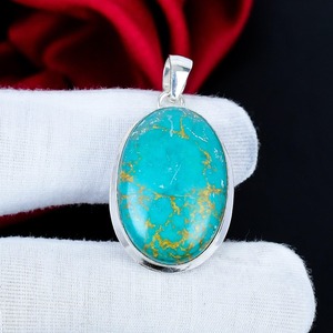 Colgante Ovalado de Turquesa Azul Natural con Engaste de Cobre, Plata de Ley 925, Joyería Artesanal con Piedras Preciosas, Estilo Boho, Venta al por Mayor, OEM, ODM - Product Image 1