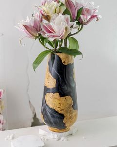 Modern Art Deco Wooden Resin Vase Round Glossy Black Gold Handmade Tabletop Floral Display - Product Image 1