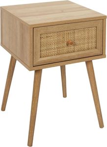 Mid Century Teak Wood Bedside Cabinet Elegant Rattan Accent Side Organizer - Product Image 2