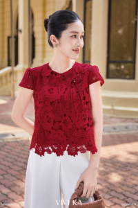 Blusa de Mujer con Detalle de Lazo de Encaje Floral VELA VIVI KA Casual 100% Poliéster Manga Corta Regular Transpirable Floral - Product Image 4
