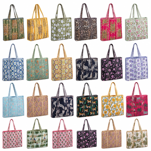 Bolsa de Mano de Algodón Acolchado, Hecha a Mano, Resistente, Ligera, Ecológica, Lavable, con Estampado de Bloques, Reversible, Abierta, para Primavera/Verano - Product Image 1