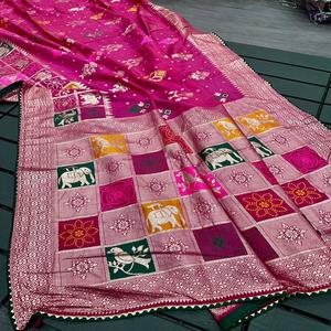 Sari indien ethnique pour mariage en viscose pure et soie Dola avec tissage Zari en soie douce, et pièces de blouse contrastantes avec bordure des manches - Product Image 1