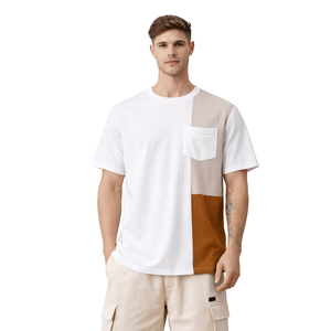 T-shirt pour homme en coton mélangé, couleur blanche, avec poche, col rond, manches courtes, style streetwear décontracté - Product Image 1