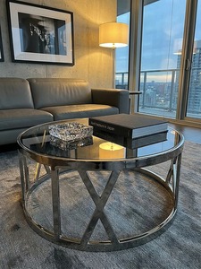 Mesa de Centro Redonda Moderna con Tapa de Vidrio Templado y Estructura Metálica, Mueble Decorativo para Sala de Estar de Diseño Contemporáneo - Product Image 5