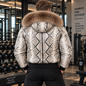 <b>Men's</b> Designer Python Leather Bomber Jacket Fox Fur Hood Motorcycle Biker <b>Coat</b> | Herren Lederjacke | Chaqueta Hombre Cuero - Product Image 2