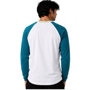 <b>White</b> And Teal Blue Raglan Long Sleeve T Shirt Men Premium Cotton Crew Neck Graphic Baseball Tee Custom OEM Streetwear Apparel - Product Image 2