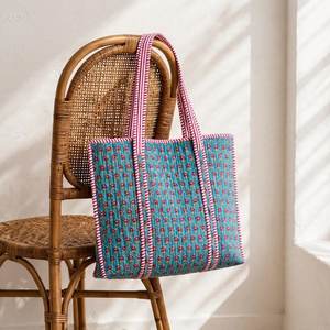 Bohemian Straw <b>Tote</b> Bag Women Blue Floral Pattern Summer <b>Beach</b> Shoulder Handbag <b>Beach</b> <b>Tote</b> Bag Floral Pattern Handbag Women - Product Image 4