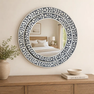 Espejo redondo de pared con incrustaciones florales hechas a mano, espejo decorativo bohemio gris marfil - Product Image 4