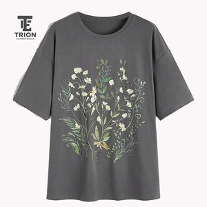 Women's Short Sleeve O-Neck Embroidered Floral T-<b>Shirt</b> Casual Loose Fit Spring Summer Wear 100% Cotton Knitted Top - Product Image 1