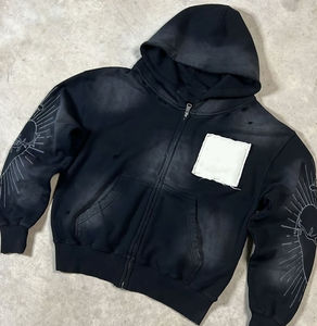 <b>Mens</b> <b>Black</b> Zip Up Hoodie Distressed Graphic Hoodie Oversized Streetwear Hooded Sweatshirt Vintage Washed Casual Jacket - Product Image 5