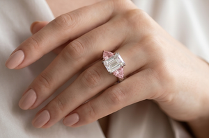 Luxury Emerald with Fancy Pink Trillion Side Lab Grown Diamond Engagement <b>Ring</b> <b>Statement</b> <b>Ring</b> for Women | Special event Party - Product Image 6