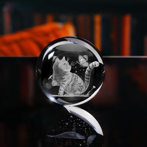 Decoración de Gato en 3D con Láser, Figuras de Animales de Cristal, Estatuilla de Pájaro Rojo, Lámpara Nocturna en un Solo Soporte, Elegante Bola de Cristal para Decoración del Hogar - Product Image 3