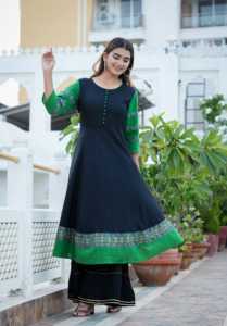 ชุดอานาร์กาลีคุร์ตาผ้าฝ้ายสีเขียวพิมพ์ลายดอกไม้สำหรับผู้หญิง แขนสามส่วน คอเสื้อแบบพิเศษ สวมใส่สบายๆ ในฤดูร้อน สไตล์ชาติพันธุ์ ผลิตจากวัสดุรีไซเคิล - Product Image 4