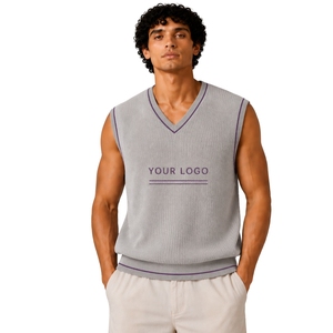 Gilet pull sans manches en tricot gris clair avec contraste lavande pour homme, col en V, personnalisable avec logo, en laine et acrylique, fabrication OEM sur mesure - Product Image 1