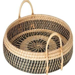 <b>Large</b> round shallow natural rattan <b>serving</b> <b>tray</b>, woven rim design with raised side handles, available at wholesale prices. - Product Image 3