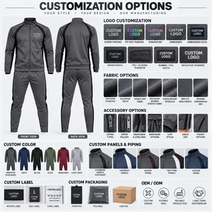 Ensemble de survêtement gris pour homme, fermeture éclair intégrale, col montant, coupe classique, poches latérales, séchage rapide, style sportif, vêtement d'automne, 100 % polyester - Product Image 6