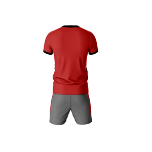 Men's Red Soccer Jersey Set Short Sleeve Crew Neck Moisture Wicking Polyester Material Uniform with Gray Shorts Elastic Waist - Product Image 1