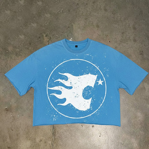 Camiseta de algodón personalizada con lavado ácido, estilo vintage, corte holgado, con gráficos y patchwork, hombros caídos, estilo urbano, de tela gruesa para hombre - Product Image 1