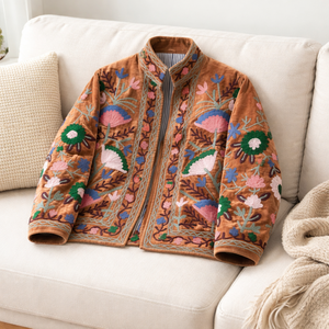 Blouson Bomber Marron Brodé Motifs Floraux Rose Blanc Bleu Col Montant Doublure Coton Poches Latérales Vêtement d'extérieur Femme - Product Image 5