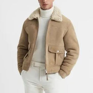 Chaqueta de cuero de bombardero de piel de oveja genuina para hombre en patrón sólido marrón con cierre de cremallera para motociclismo - Product Image 1