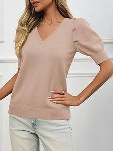 T-shirt décontracté à manches bouffantes en mélange coton-polyester, coupe ajustée, respirant et infroissable - Product Image 3