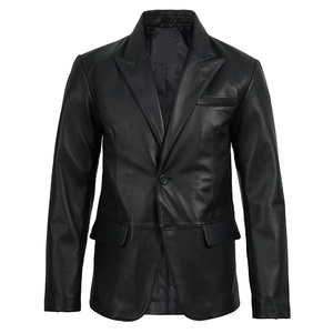 TOPEAK SPORTS Men's Black Genuine <b>Leather</b> Slim Fit Single Button Square Collar Waterproof Breathable Formal <b>Blazer</b> - Product Image 1