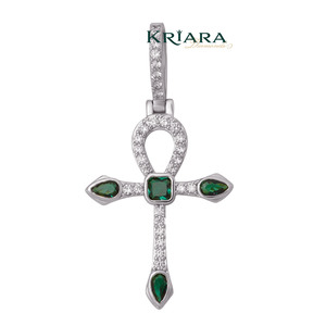 925 Silver Hiphop 18K Gold Plated <b>Ankh</b> Cross Charm <b>Pendant</b> with Moissanite and Green Gemstones Religious Unisex Jewelry - Product Image 1