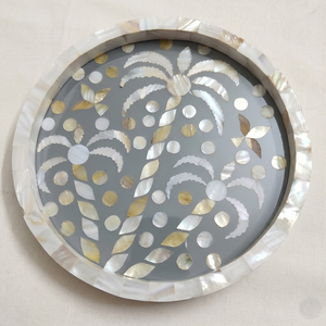 Handmade Mother of Pearl Shell Tray Round Decorative Serving Tray with Grey Resin Base Luxury <b>MOP</b> Inlay Tray for Home Decor - Product Image 3