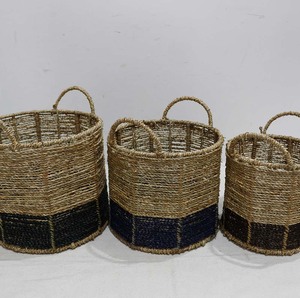 Panier de rangement rond en jonc de mer tressé à la main avec poignées pour cuisine, salle de bain, salon - Product Image 5
