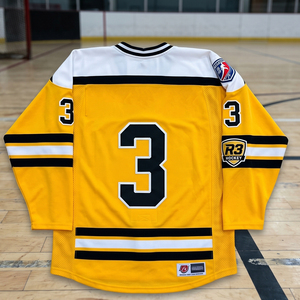 Regal Three Men's V-Neck Ice Hockey Jersey Custom Sublimated Yellow Black White Jerseys Unisex Long Sleeve Ice Hockey Jersey - Product Image 2