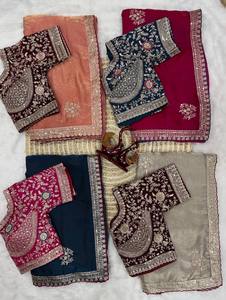Sari en satin fil d'or, luxueux, brodé de sequins et de velours, élégant, avec des motifs Zari, idéal pour les mariages et les fêtes, infroissable et à séchage rapide - Product Image 6