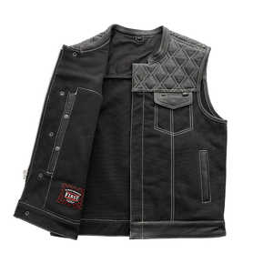 Gilet en cuir et toile pour moto Hunt Club, surpiqûres blanches - Product Image 4