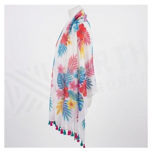 Pañuelo de Gasa con Estampado Tropical para Mujer, Borde con Borlas Largas, Accesorio Casual de Verano - Product Image 3