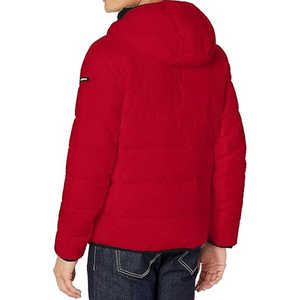 Men's <b>Red</b> <b>Hooded</b> Puffer <b>Jacket</b> Zipper Closure Fleece Lining Windproof Casual Winter Wear Regular Fit Polyester Wadding - Product Image 4