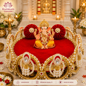 Nuevo y Popular Singhasan de Terciopelo Rojo Hecho a Mano en India con Perlas Doradas, Ídolo Divino Laddu Gopal Krishna Ganesh Ji, Decoración Festiva para el Hogar - Product Image 1
