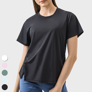 T-shirt à manches courtes col rond pour femme, couleur unie, tricoté, séchage rapide, coupe décontractée, à porter toute l'année - Product Image 2