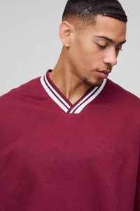Sudadera de Hombre Color Granate, Corte Holgado, Tejida, Manga Larga, Estilo Casual Otoñal, Cuello Camisero, Color Sólido - Product Image 6