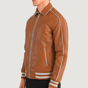 Unisex Brown PU Leather Bomber <b>Jacket</b> with <b>White</b> Trim Turn-down Collar Zipper Closure Waterproof Windproof Casual Winter Wear - Product Image 2