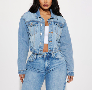 Women's <b>Cropped</b> <b>Denim</b> <b>Jacket</b> Light Wash Jean <b>Jacket</b> Casual Streetwear Custom OEM ODM Premium Fashion Outerwear Made in Pakistan - Product Image 1