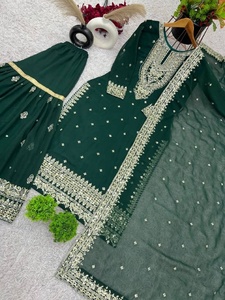 Tenue ethnique indienne et pakistanaise pour femmes, en georgette lourde brodée, Salwar Kameez Sharara, Dupatta fantaisie avec bordure en dentelle, pour mariage - Product Image 6