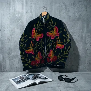 Velvet Mandarin Collar Blazer Full <b>Sleeve</b> Hand Embroidered Floral <b>Butterfly</b> Pattern 100% Cotton Winter Autumn Women's Jacket - Product Image 2