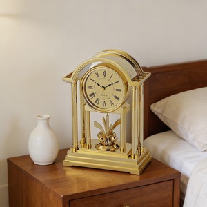 Brass Desk <b>Clock</b> Traditional Design Quartz Movement <b>Battery</b> Operated Needle Display Silent Non Ticking Hourly Chiming - Product Image 2