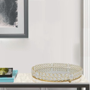 Bandeja Redonda Espejada con Borde de Cuentas de Cristal Bañado en Oro, Moderna y Lujosa para Mesa, de un Solo Nivel, para Organización y Almacenamiento - Product Image 4