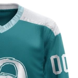 Maillot de hockey sur glace sublimé pour hommes, vert sarcelle et blanc, en polyester imprimable, col en V, manches longues, uniforme sportif athlétique, tenue d'équipe - Product Image 4