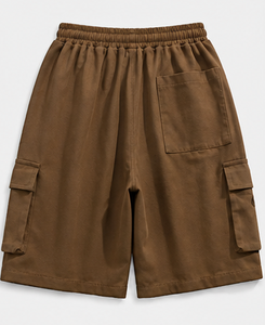 Shorts cargo marron pour homme, taille mi-haute, cordon de serrage, toile de coton, style décontracté, longueur bermuda, poches - Product Image 6